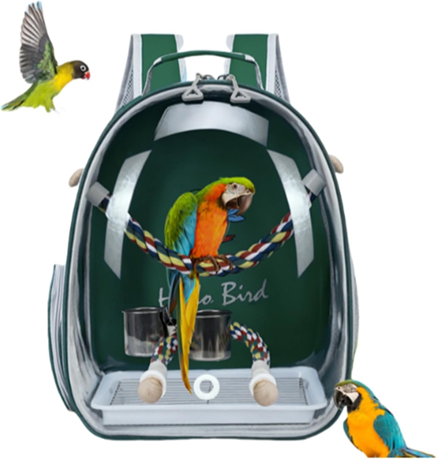 Bird Traval Carrier Cage, Multi Vent Holes Clear Space Capsule Astronaut Backpack to Carry Parakeet Cockatiel Parrot with Metal Tray Wood Perch, Vet Transport Book Bag (Green) (Green)