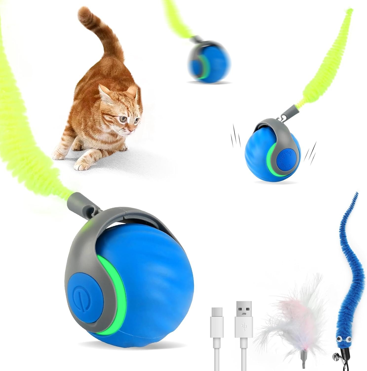 Interactive Cat Toys for Indoor Cats​​-​​Rechargeable​​ Moving ​​Cat Toy Ball​​ with USB Charging, 3 Speedy Replaceable Tails & Random Motion Modes, ​​Cat Chase Toy​​ for Bored Indoor Cats,Auto Roll