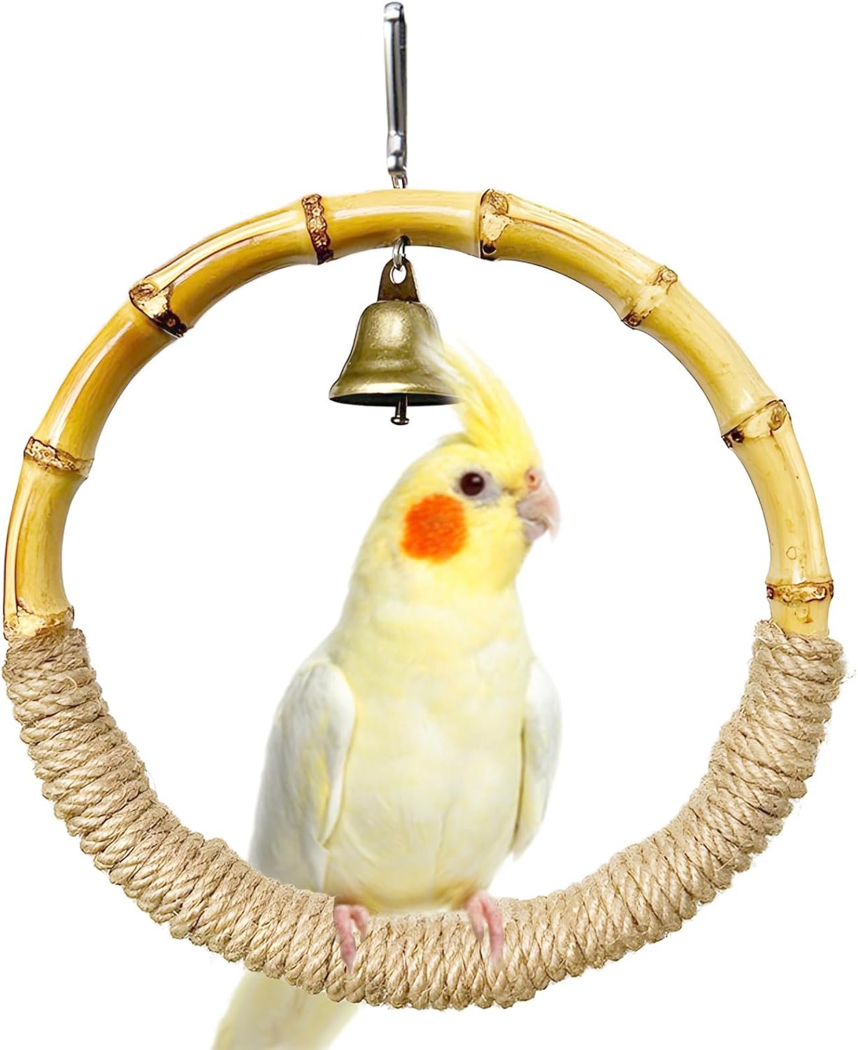 Natural Wood Bird Swing Toy for Parakeets, Sturdy Bird Perches for Cage Hemp Rope Swing, Parakeet Toys Climbing Chewing Perch Stand for Parrot, Budgies, Cockatiels, Conures (Bamboo, M)