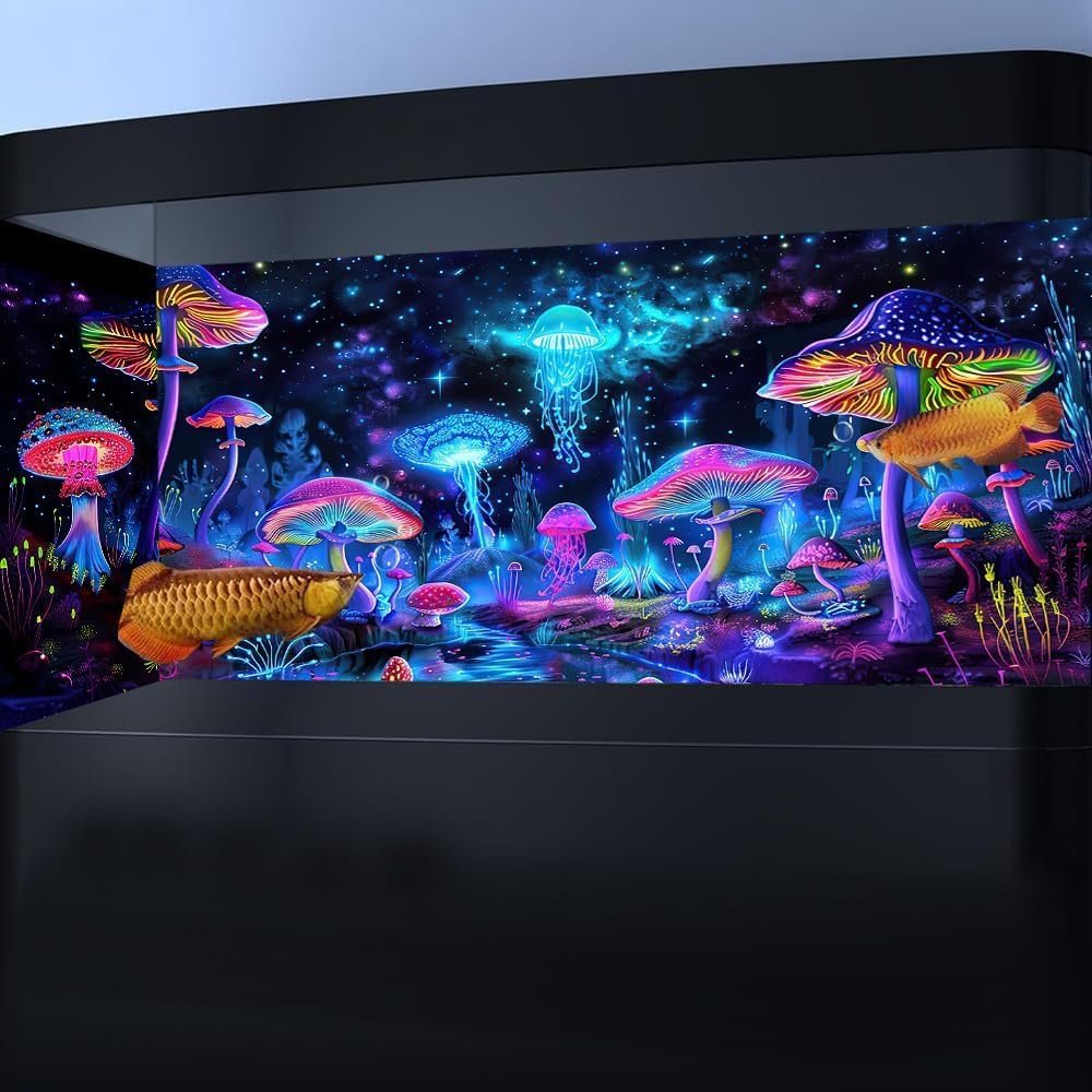 48X24IN Blacklight Mushroom Jellyfish Aquarium Background UV Reactive Background Starry Sky Terrarium Background with 10 EVA Double-Sided Tape