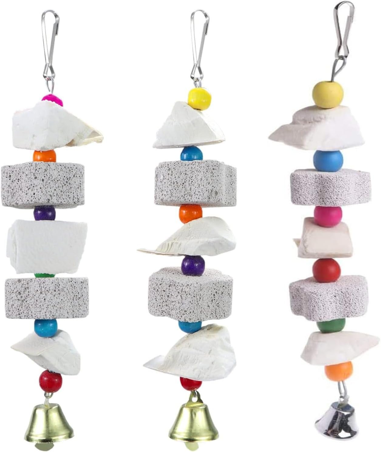 3Pcs Bird Beak Trim Cuttlebone Calcium Stone Lava Block Chew Toy Grinding Teeth Natural Minerals with Bell for Parakeets, Cockatiels, Conures, Budgies, Lovebirds