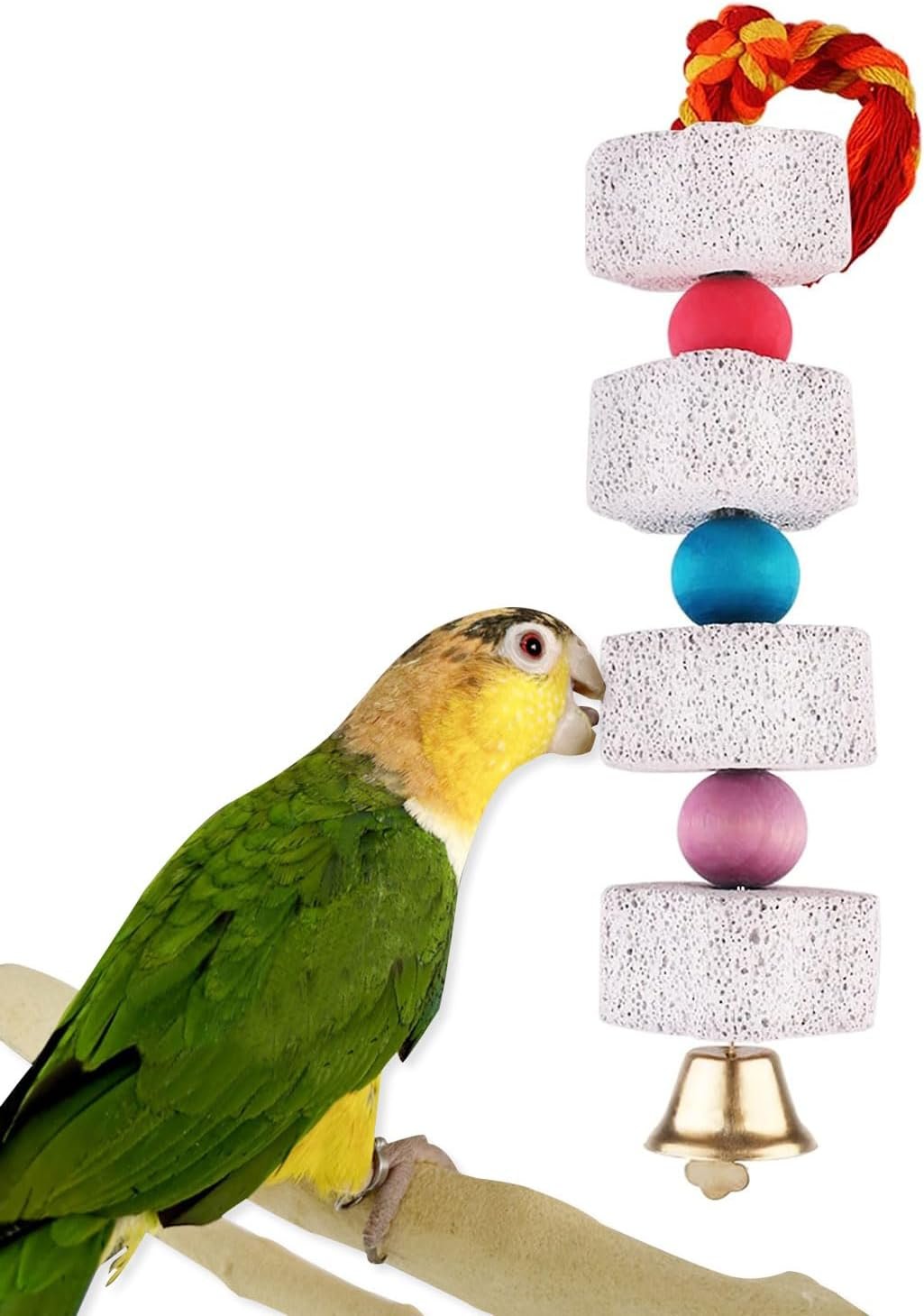 Bird Beak Grinding Stone with Bell Lava Block Calcium Supplement Food Parrot Chewing Toy for African Greys Parakeets Cockatiels Hamster Chinchilla Beak Trimming Mineral Chew for Bird Cage