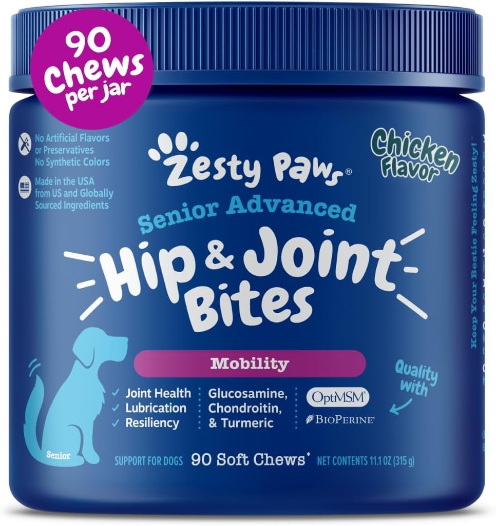Zesty Paws Mobility Bites Joint Supplement for Dogs – Soft Chews with Glucosamine for Dogs, Chondroitin, & MSM + Vitamins C and E – Adv Chicken – 90 Count