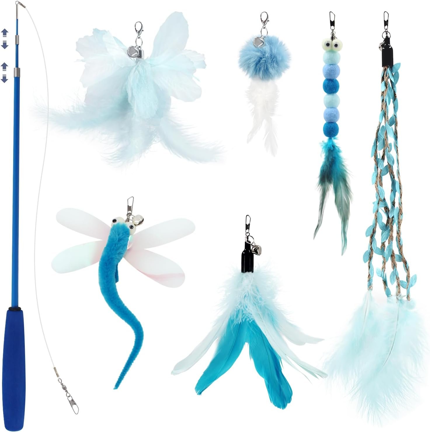 SONGWAY Cat Wand Toys for Indoor Cats – Cat Toy Set with Retractable Teaser Wand and 6 PCS Fairy Feather Toy Refills, Dragonfly Tassel Plush Cat Toys Interactive, Blue