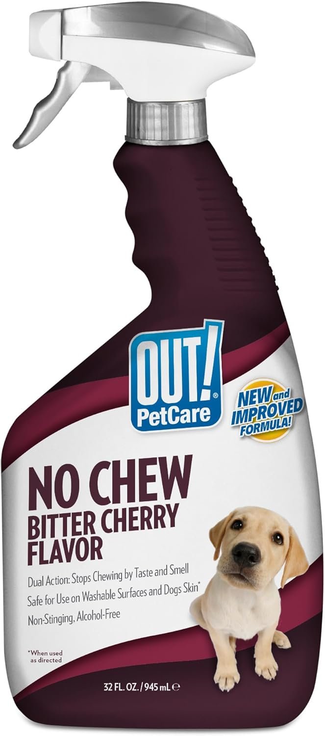 OUT! PetCare No Chew Bitter Cherry Flavor Deterrent, Puppy Training, No Chew Spray for Dogs, Dog Training To Discourage Licking and Chewing, Non-Staining, Behavior Correction, Puppy Essentials, 32 oz