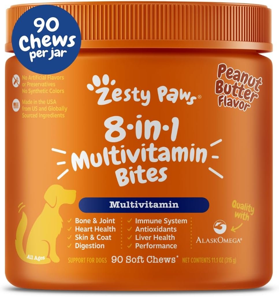 Zesty Paws Multivitamin Treats for Dogs, Glucosamine Chondroitin Joint Support + Digestive Enzymes & Probiotics, Grain Free Dog Vitamins and Supplements for Skin & Coat, Peanut Butter – 90ct