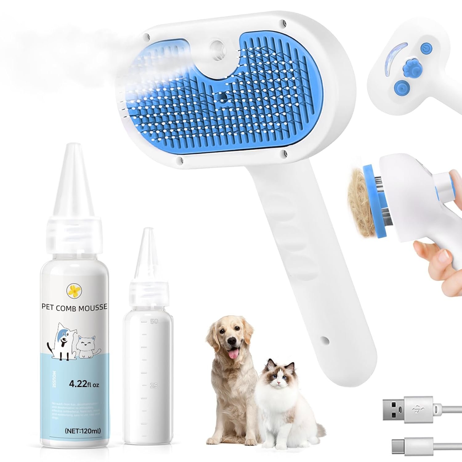 Pet Steam Brush for Dog & Cat – 3-in-1 Steam Grooming Brush for Shedding & Hair Removal – Self Cleaning Spray Comb with Mist for Long Haired Pets – Includes 1*Waterless Shampoo, Blue.