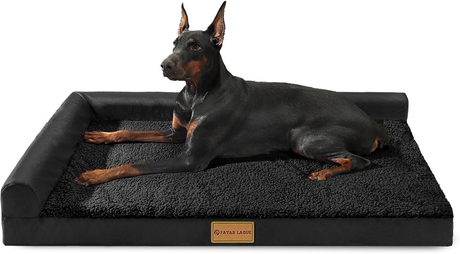 Patas Lague Orthopedic Dog Bed Large Sized Dog 36”X24”, Waterproof L Bolster Medium Pet Sofa Beds with Removable Washable Cover, Soft Comfortable Pet Couch Crate Mat with Nonskid Bottom, Black