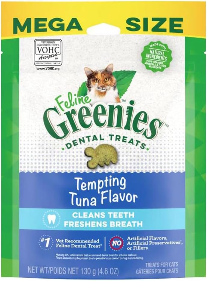 Greenies Cat Treats, Veterinarian-Recommended Adult Natural Dental Cat Treats, Tempting Tuna Flavor, 4.6 oz. Tub
