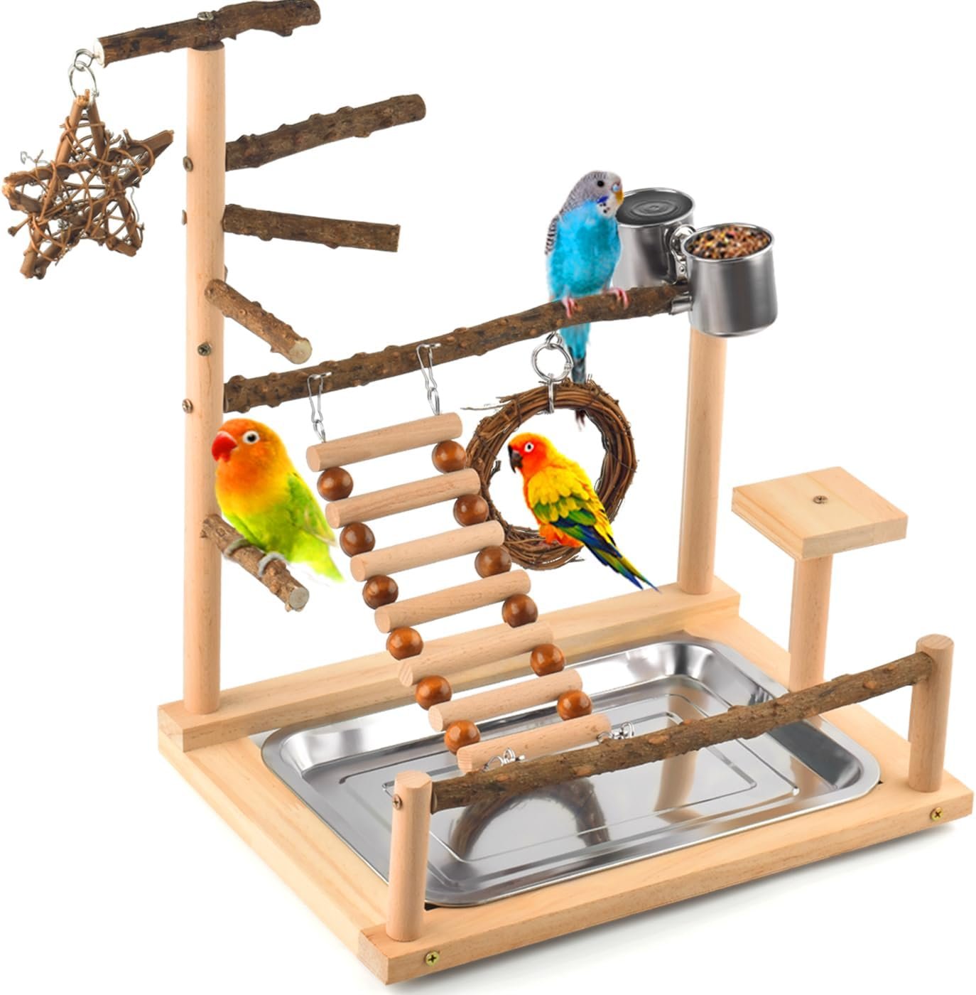 KATUMO Bird Playground – Natural Wooden Perches Parakeet Ladder Conure Swing Bird Cage Accessories with Removable Tray & 2 Stainless Steel Cups