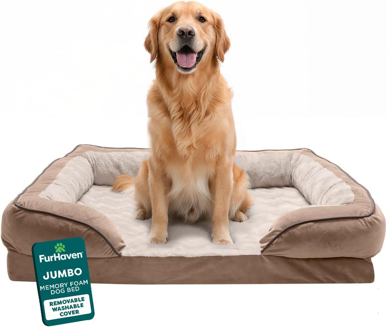 Furhaven Orthopedic Dog Bed for Large Dogs w/ Removable Bolsters & Washable Cover, For Dogs Up to 95 lbs – Plush & Velvet Waves Perfect Comfort Sofa – Brownstone, Jumbo/XL