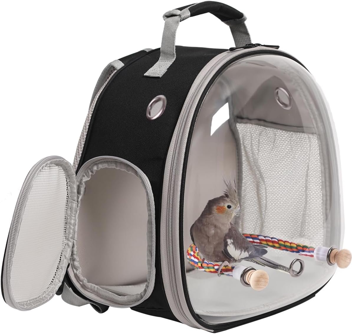 Small Bird Travel Backpack Carrier Cage, Backpack to Transport Backpack Carrier with Metal Tray Stand Perch for Parakeet Cockatiel Budgies Vet Carry Book Bag Black