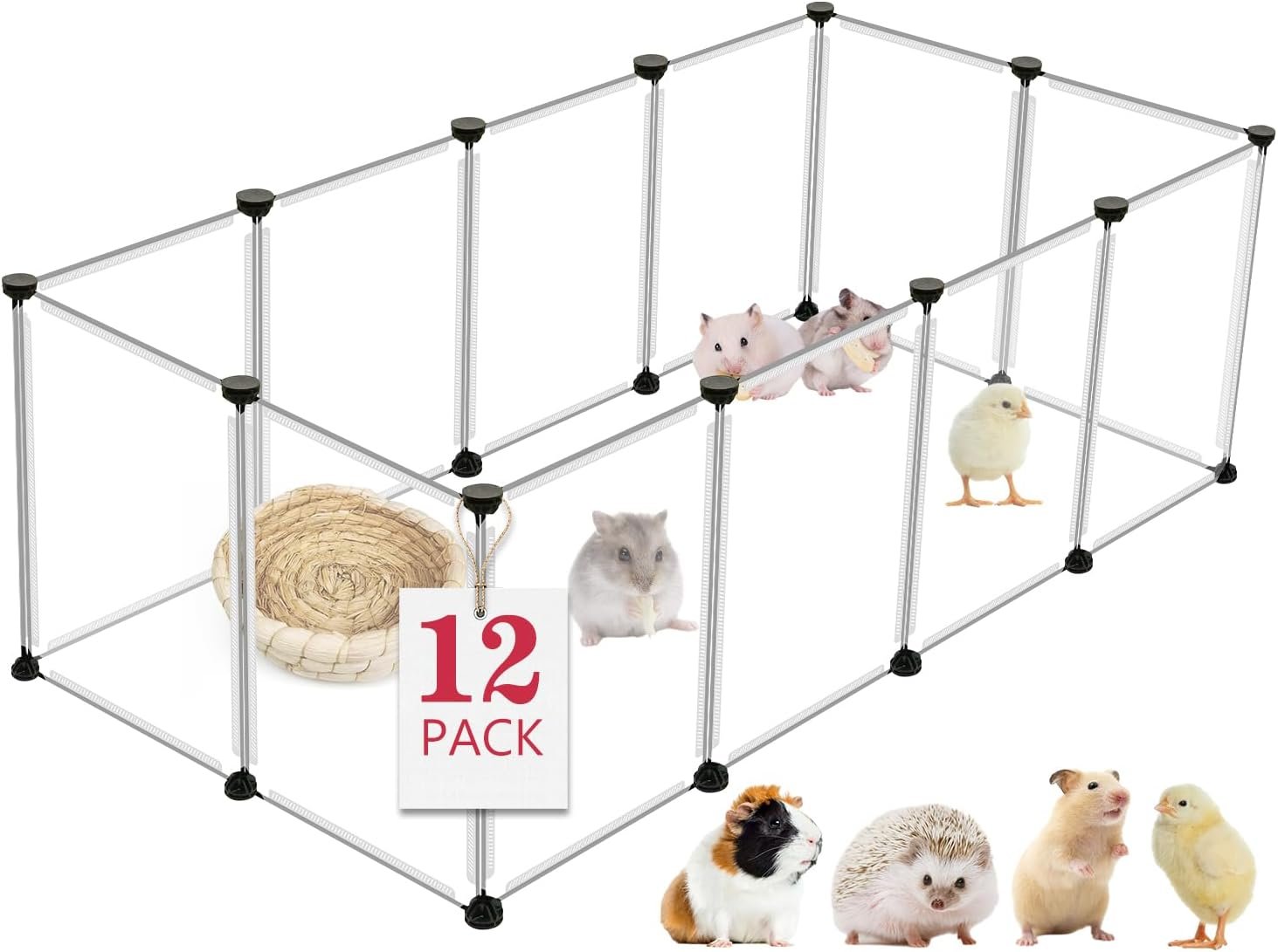 12 Panels Transparent Small Animals Playpen,48″ x 24″ x 16″ Portable Pet Playpen,Plastic Enclosure,Puppy Play Pen for Indoors Outdoor Pet Fence for Guinea Pigs,Bunny,Ferrets,Hamsters,Hedgehogs