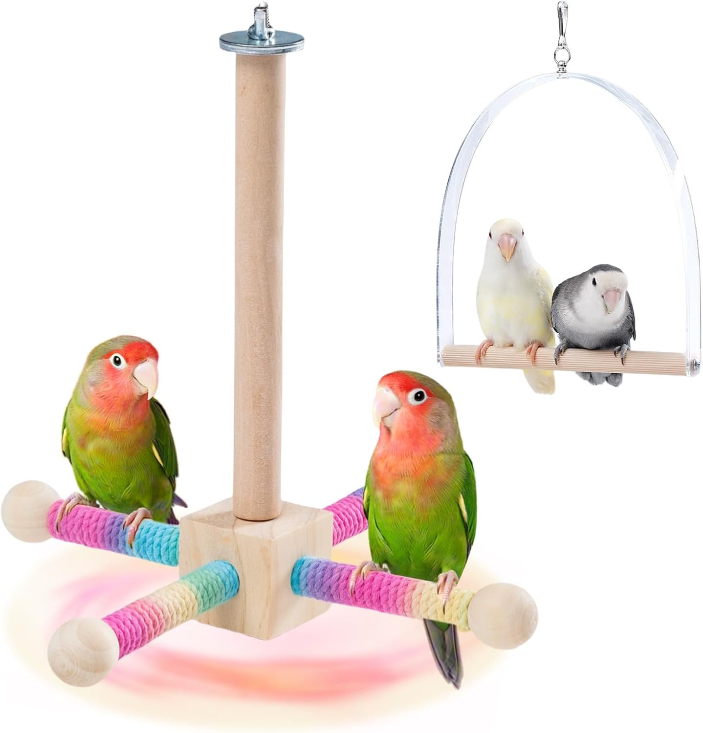 9″ Hanging Bird Perch Toy for Cage, 360° Silent Free-Spin, Wooden Bird Cage Accessories, Relieve Boredom Anxiety, for Parrots, Parakeets, Cockatiels, Small to Medium Birds, with Poplar Swing
