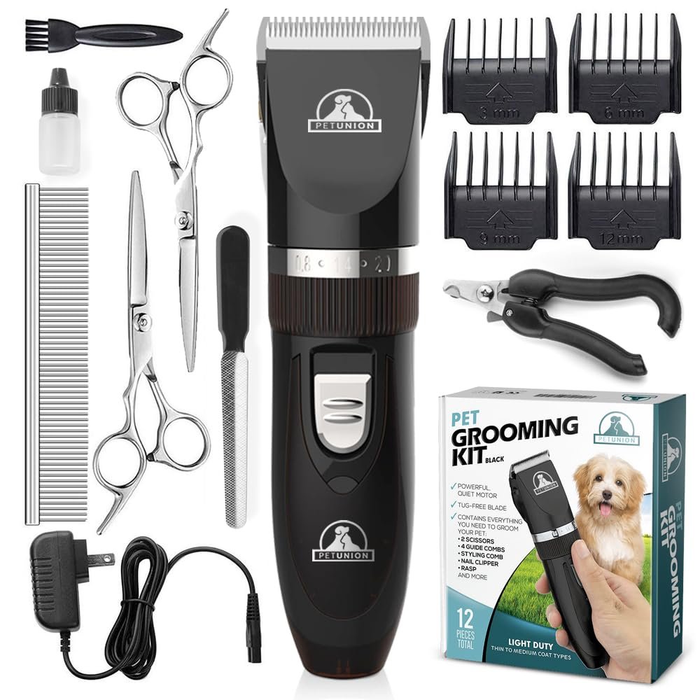 Pet Union Professional Dog Grooming Kit – Cordless Low Noise Dog Clippers for Grooming Thick Coats – All Pet Safe Cat Hair Trimmer – Pet Grooming Kit Includes Dog Hair Clippers, Nail Trimmer & Shears
