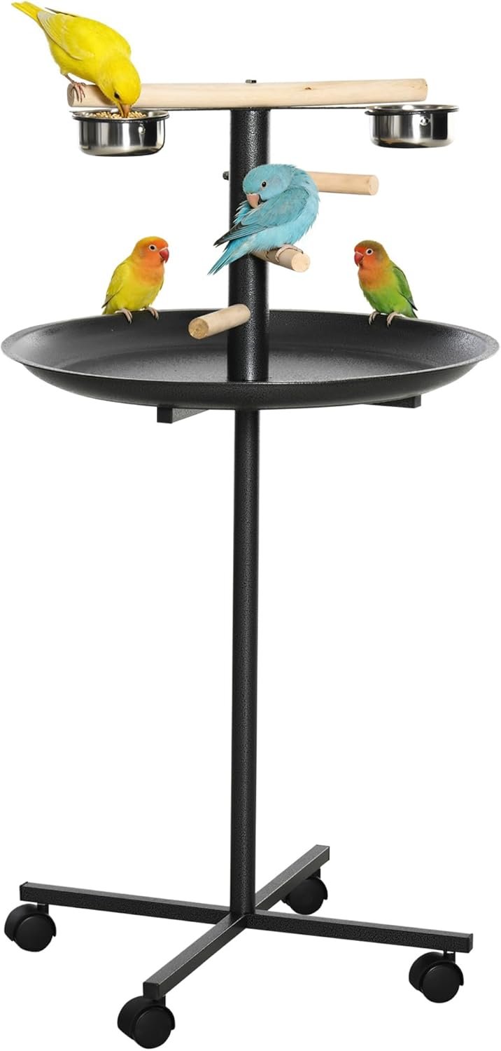 PawHut Bird Play Stand, Portable Parrot Perch, Bird Feeder Station, with Four Wheels, Stainless Steel Feeding Bowls, Round Tray, Grey