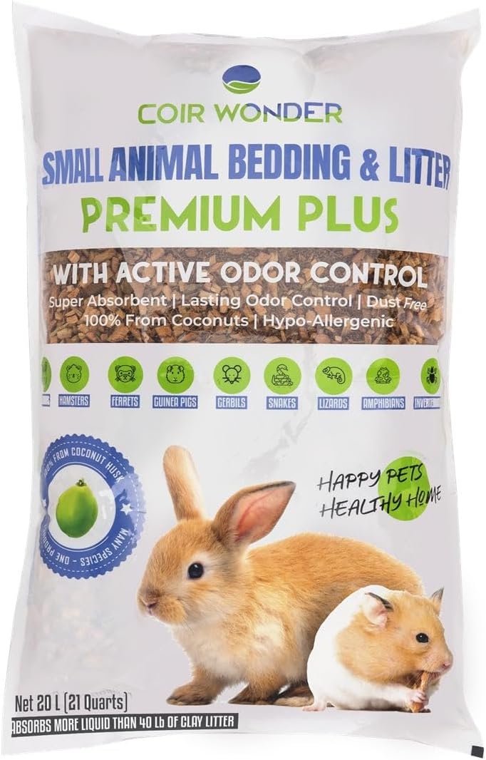 Small Animal Bedding – 20 L –– Coco Chip Fiber Bedding Substrate for Guinea Pig, Hamster, Rabbit, Bunny Litter, Tortoise, Turtle, Reptile, Snake Habitat – Activated Charcoal Odor Control
