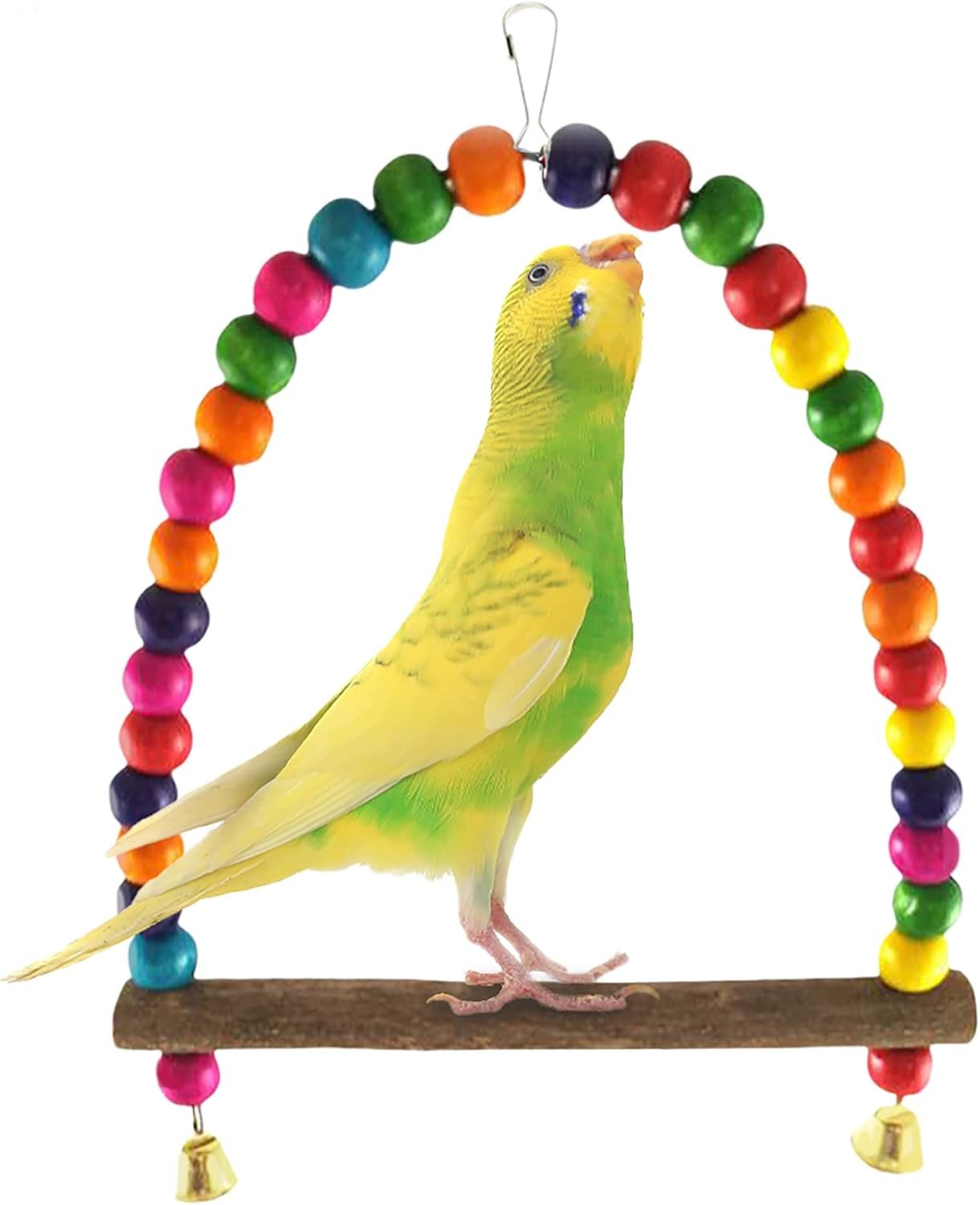 SunGrow Colorful Finch Swing Toy with Bells, Wooden Perch Stand for Canary, Lovebird & Budgie, 8.5×6 Inches, Sturdy Rocking Gym, Small Bird Cage Accessories to Balance, Exercise & Training