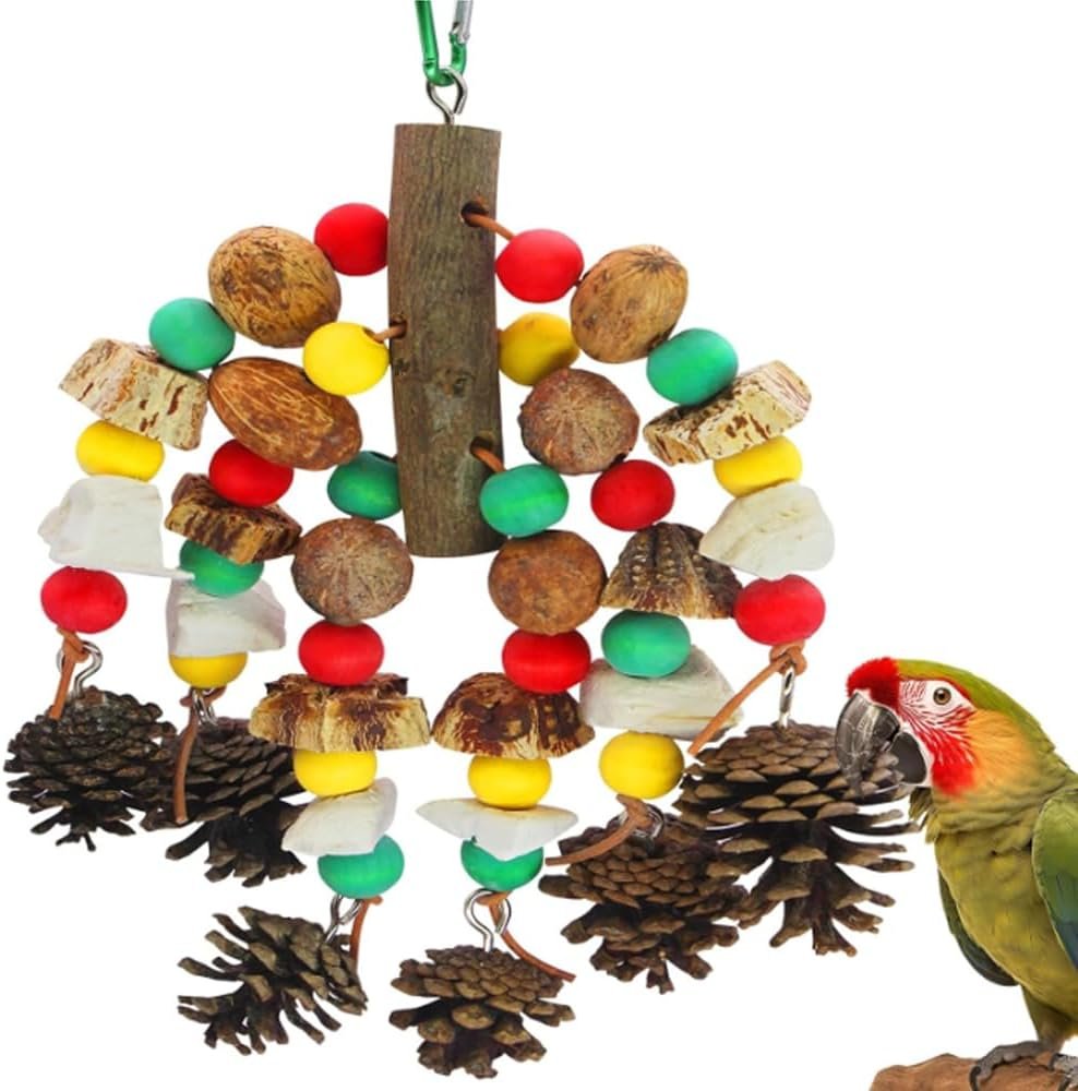 MQUPIN Parrot Toys, Nuts Nutrient-Rich Bird Toys,Natural Wooden Parrot Cage Bite Toy,Chewing Toy Containing Cuttlefish Bones,Pine Cones,Wooden Mangoes and Carambola for African Greys,Cockatoo,Budgie