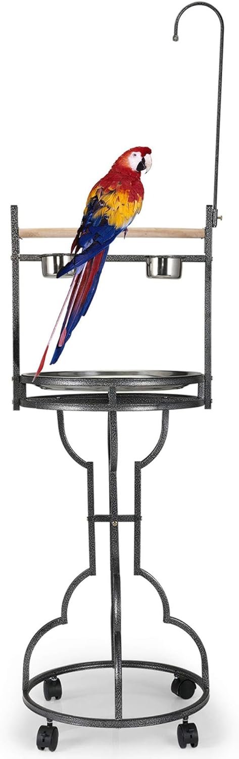 COZIWOW 72″ Parrot Stand,Stainless Steel Tray Bowls Large Bird Playstand,Parrot Perch with Easy Grip,Wrought Iron Bird Stand with Toy Hook,Macaw Play Gym Ground Stand Rolling Wheel,Pet Gift