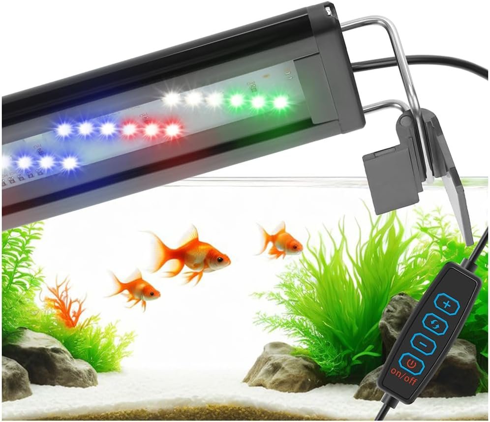 LED Aquarium Light Full Spectrum Fish Tank Light with Dimmer White Blue Red Green LEDs Fish Tank Light with Three Lighting Modes and Extendable Bracket for 8 Inch to 12 Inch Aquarium