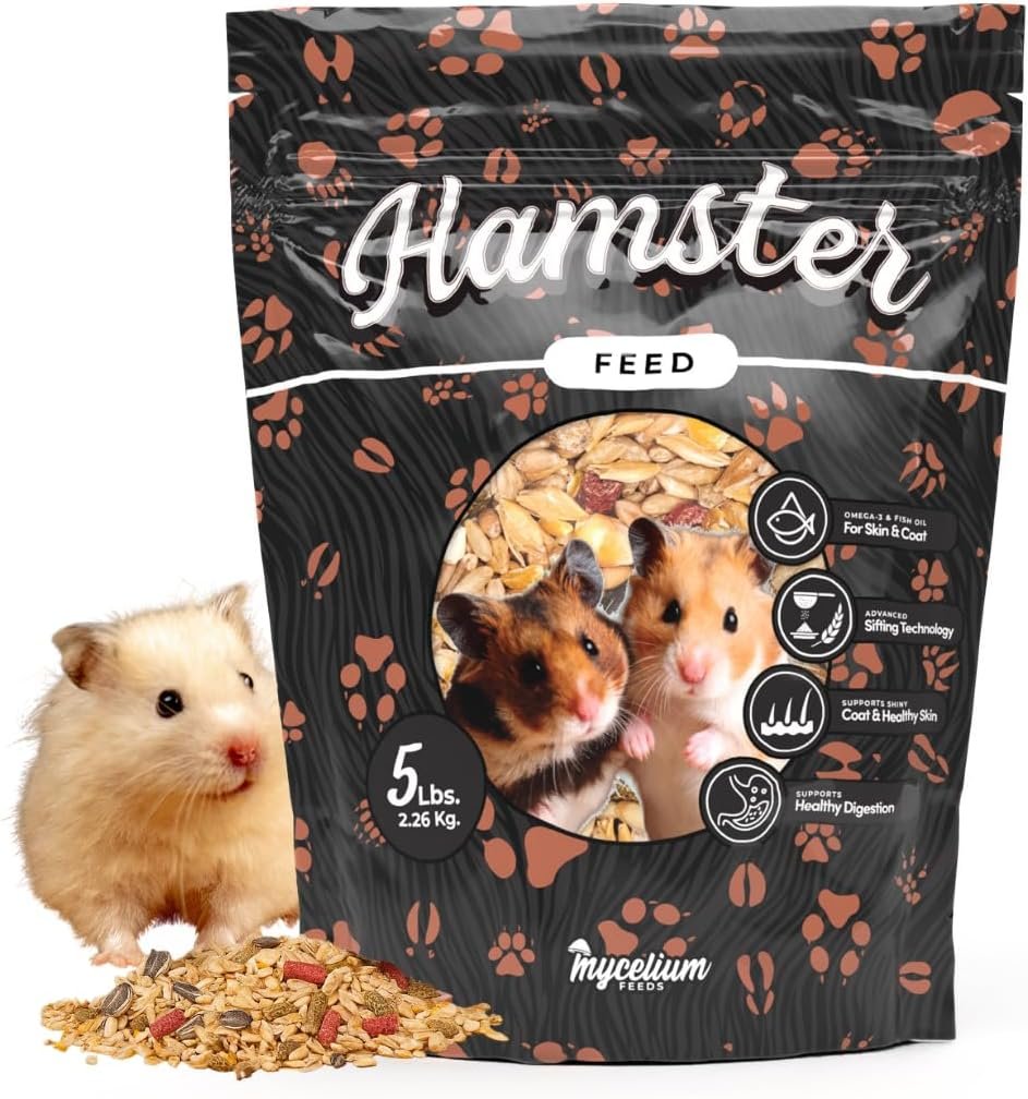 Mycelium Hamster Feed 5 lb Bag | Organic Hamster Food for Healthy Skin, Coat & Dental Care | High-Protein Balanced Nutrition with Vitamins and Minerals | Non-GMO, USA Made & Dust-Free Blend