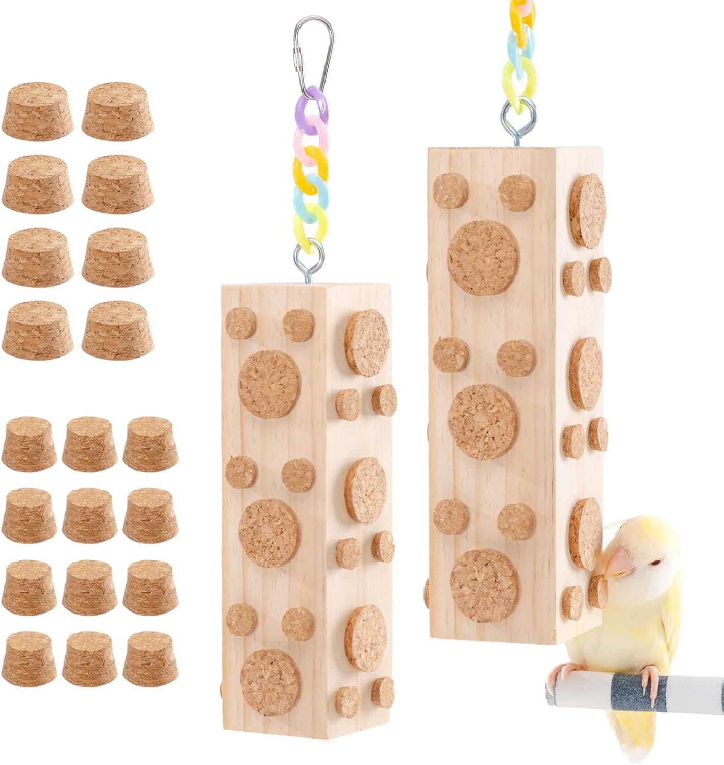 2 Pcs Wooden Bird Chew Toys – 7.9 Inch Hanging Parrot Toys, with 92 Detachable Corks, Relieve Boredom & Anxiety, Foraging Toys, for Parakeet, Cockatiel, Conure, Budgie, Lovebird