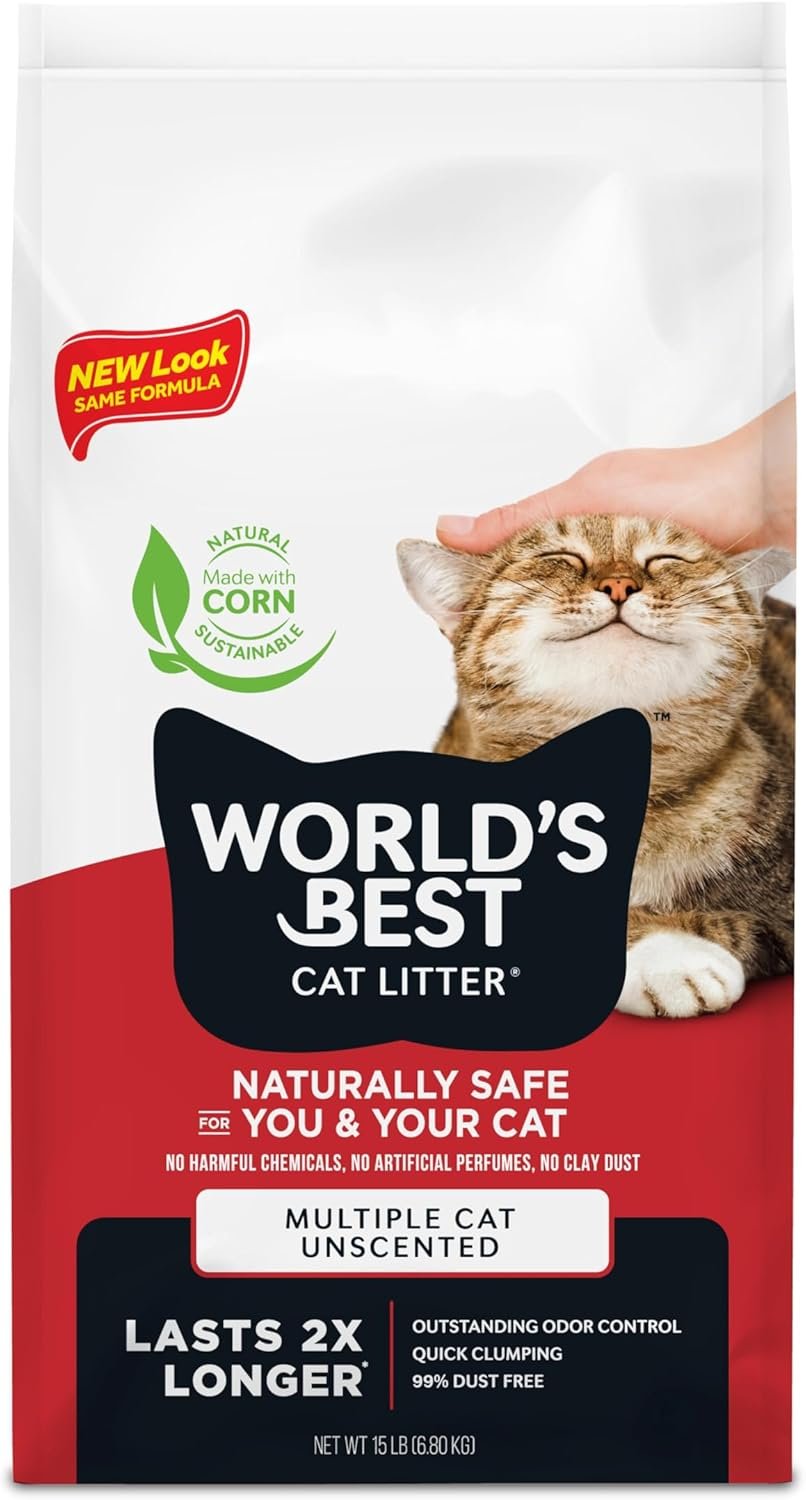 WORLD’S BEST CAT LITTER Multiple Cat Unscented, 15-Pounds – Natural Ingredients, Quick Clumping, Flushable, 99% Dust Free & Made in USA – Long-Lasting Odor Control & Easy Scooping