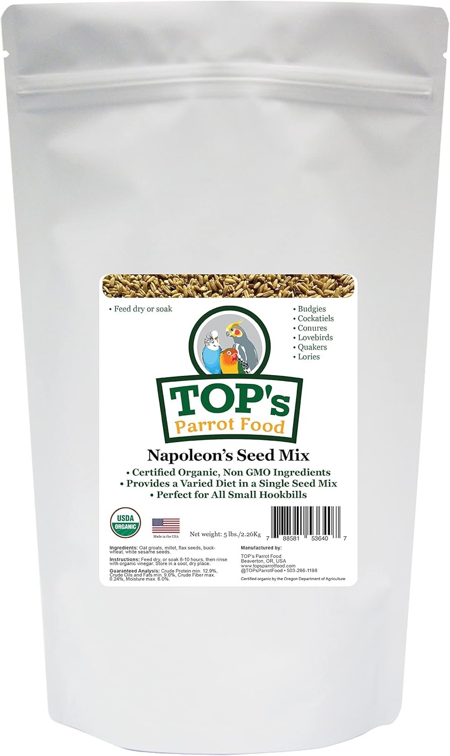 TOP’s Napoleon’s Seed Mix for All Small Hookbills, Non-GMO, Soy Free, Corn Free, USDA Organic Certified, 5 lb