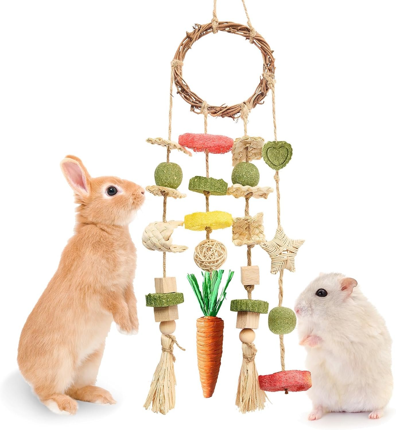 Jorewood Rabbit Chew Toys Bunny Cage Hanging Toy and Treats Rattan Ring with Snacks for Rodent Pets Teeth Healthy