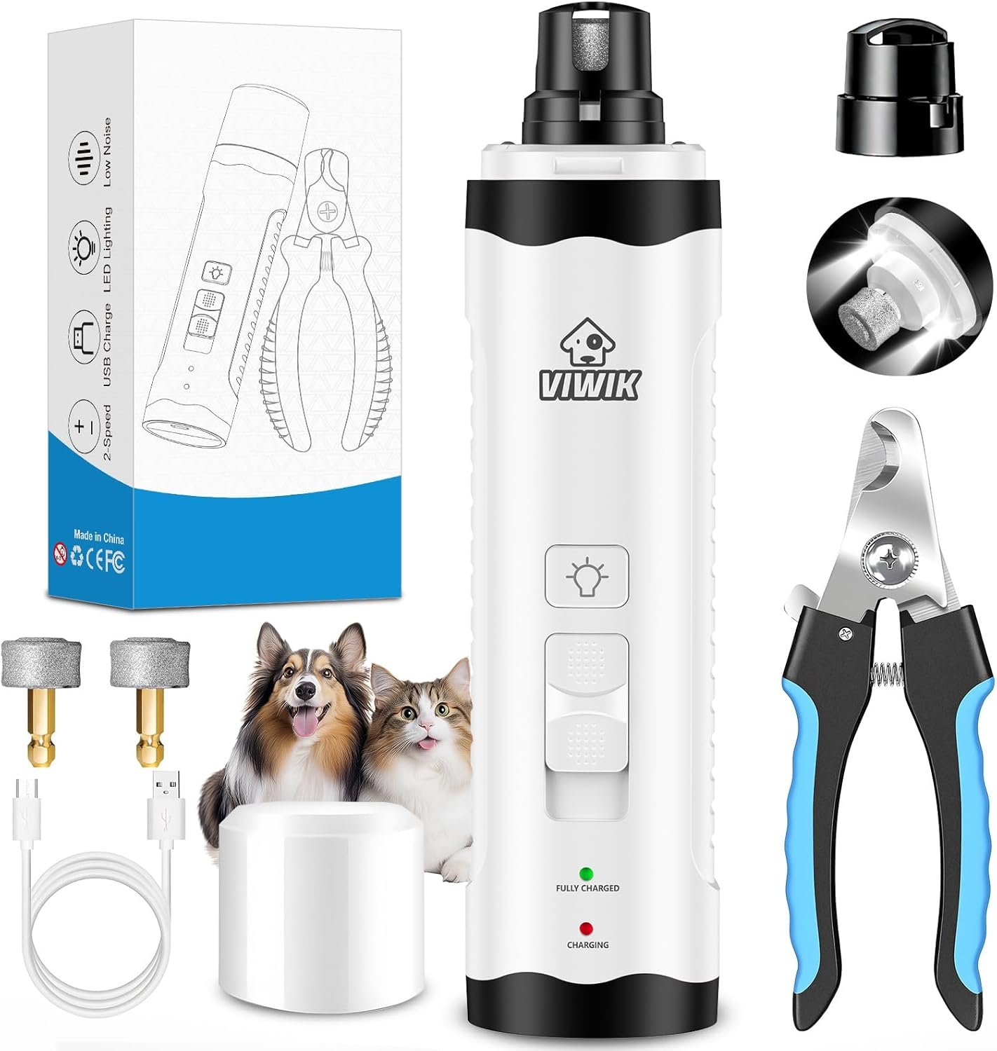 VIWIK Dog Nail Trimmers with Light, Cat Dog Nail Clippers, Dog Nail Grinder Quiet for Large Medium Small Dogs Paw & Cats Claw, Electric 2-Speed Pet Toenail Grooming Supplies, Gifts for Dog Lovers.