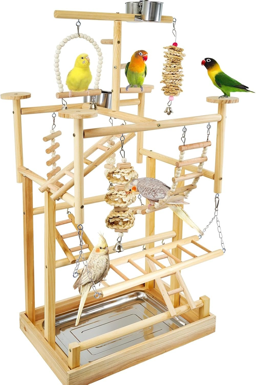 Bird Playground – Natural Wood Parrot Playstand with Perches, Bird Play Gym & Accessories, Removable Tray & 4 Stainless Steel Cups