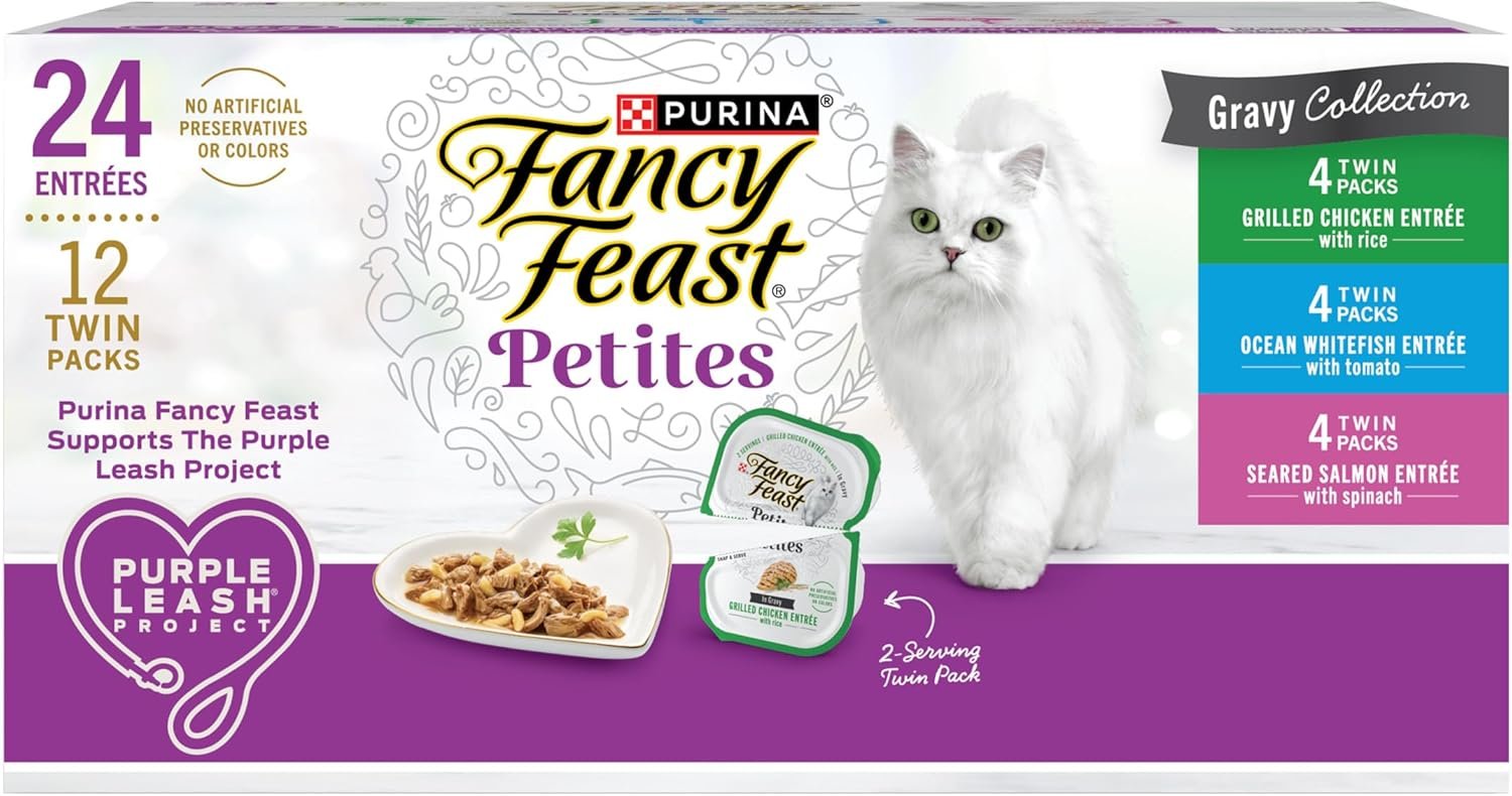 Purina Fancy Feast Gourmet Wet Cat Food Variety Pack, Petites Gravy Collection, break-apart tubs, 24 servings – (Pack of 12) 2.8 oz. Tubs
