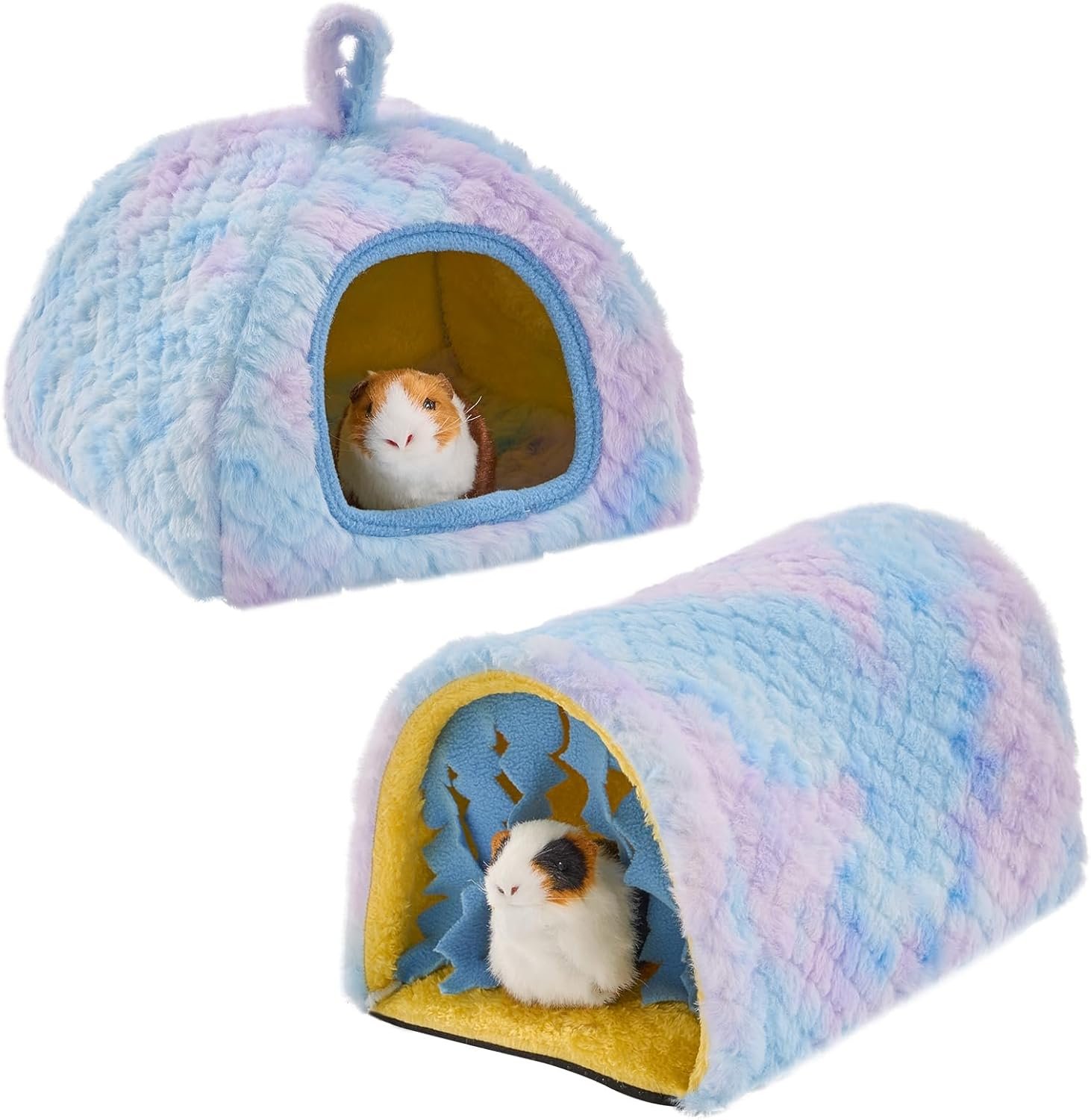 Avont 2 Pack Guinea Pig Hideout Bed and Tunnel Toys Set with Curtain, Washable Soft Plush Bunny Hideaway House Tube Cage Accessories for Small Animal Pet, Rabbits Chinchilla Hamster Ferret Rat -Blue