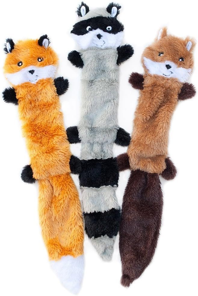 ZippyPaws Skinny Peltz – No Stuffing Dog Toy Pack to Keep Them Busy, for Medium and Large Dogs, Squeaky Pet Toys, Unstuffed Chew Toys, Soft Plush Variety Pack, Fox, Raccoon, and Squirrel – 18″