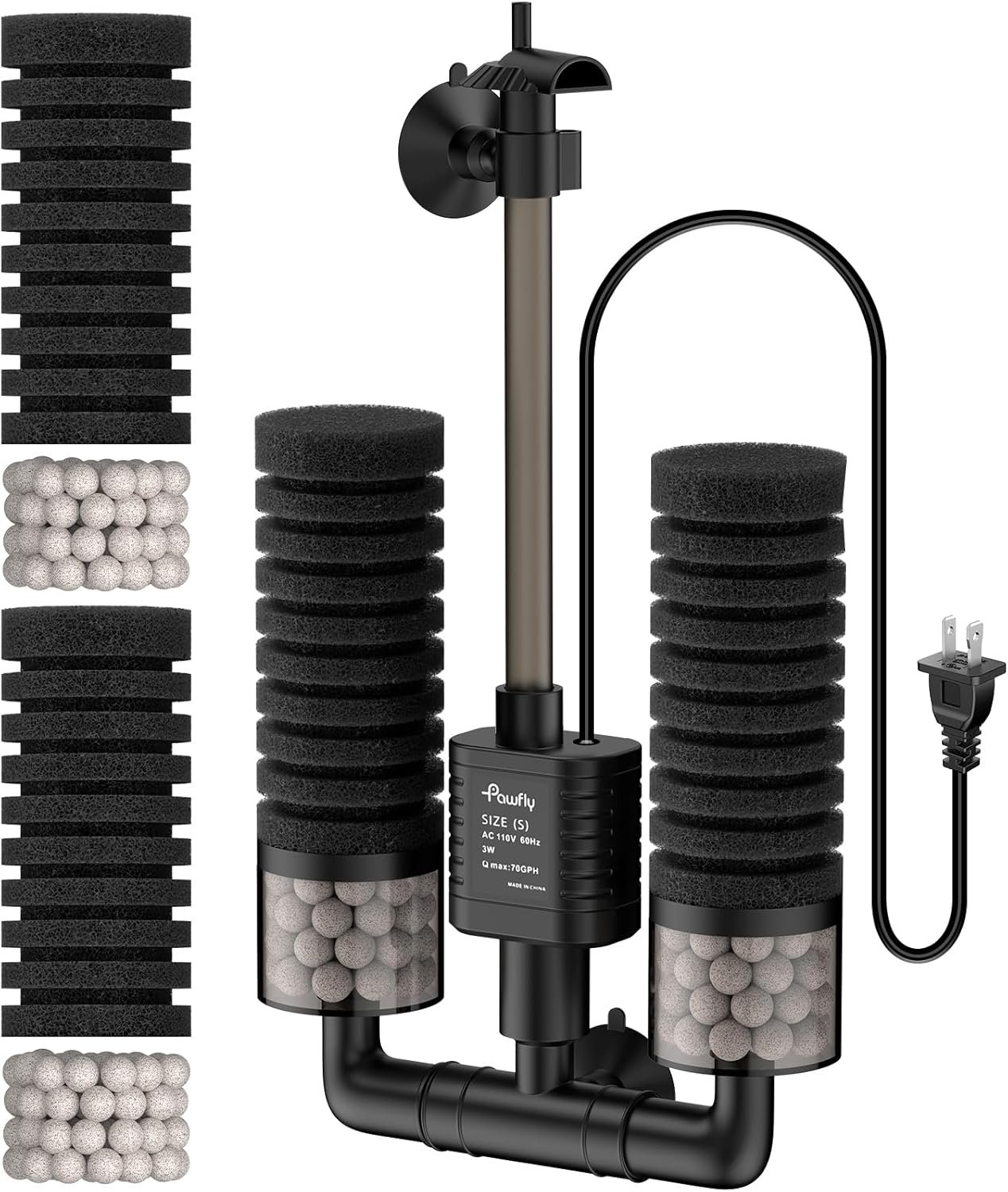 Pawfly Aquarium Sponge Filter, 70 GPH Fish Tank Filter, 3 W Submersible Small Aquarium Filter with Water Pump, Double Foams & Ceramic Balls, Quiet Bio Sponge Filter for 10-40 Gallon Tanks