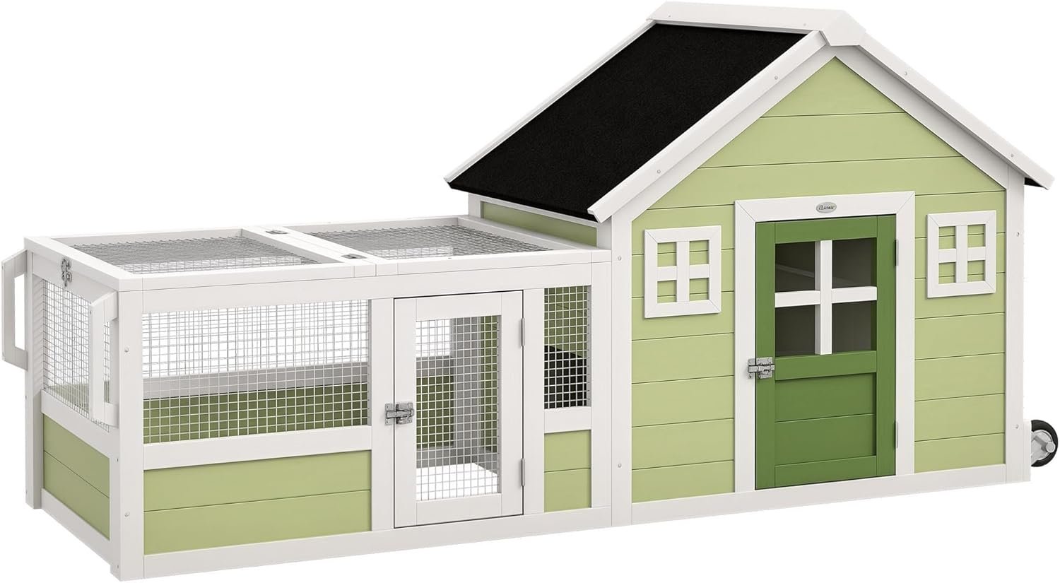 PawHut Rabbit Hutch, Outdoor Rabbit Cage or Guinea Pig Cage with Asphalt Roof, Handle, Wheels, 64 Inch Wooden Bunny Cage for Rabbits, Chickens, Ducks, Small Animals, Multicolor