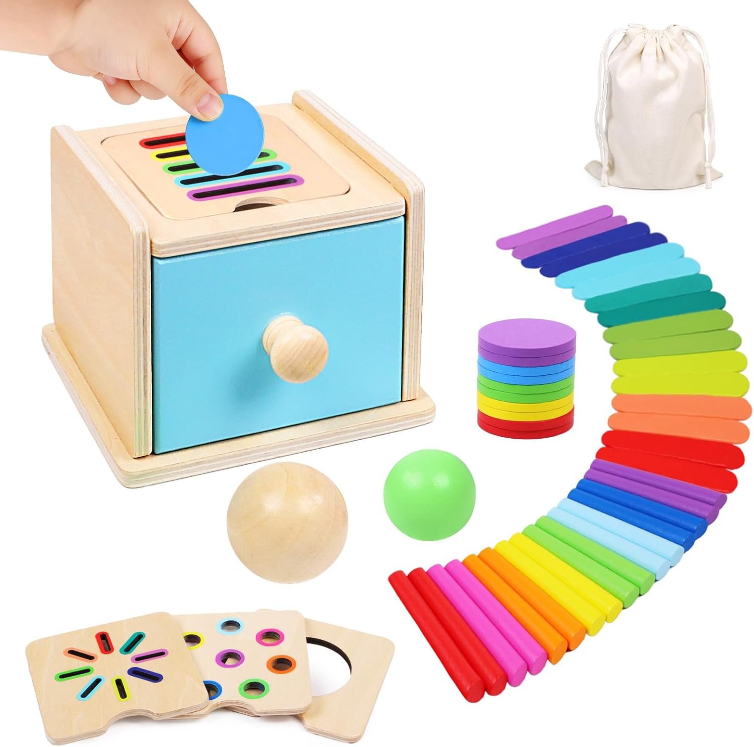 Montessori Toys for 1 2 3 Year Old, 4-in-1 Wooden Montessori Coin Box, Object Permanence Ball Drop Learning Color Sorting Toys for Toddlers 1-3, Gifts for 18 Months Baby Boys Girls