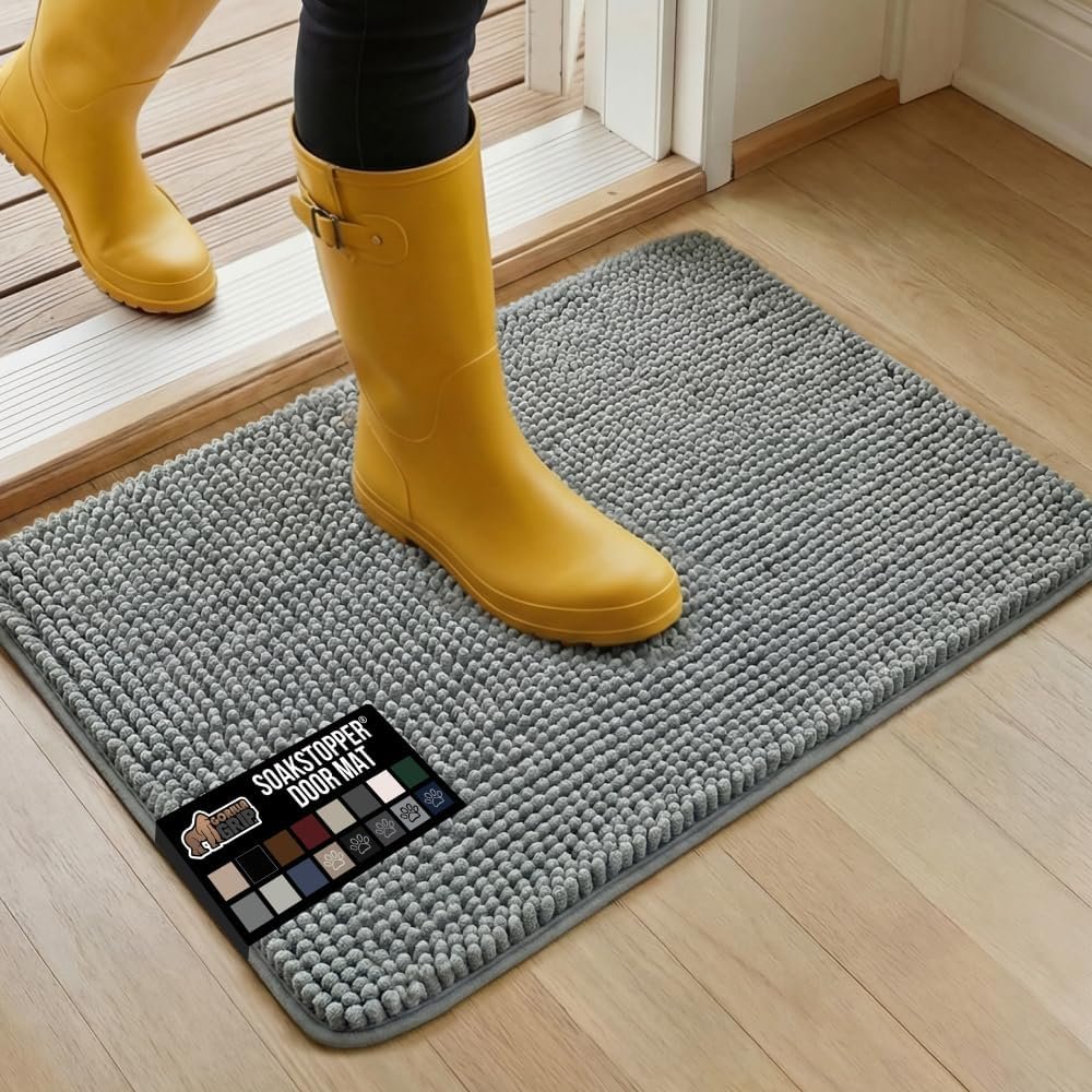 GORILLA GRIP SoakSTOPPER Dog Door Mat, Machine Washable Rug Absorbent Doormat Captures Moisture Mud Dirt, Quick Dry Soft Chenille Entryway Rugs Indoor Entrance Mats for Dog Paws, 24×17 Grey