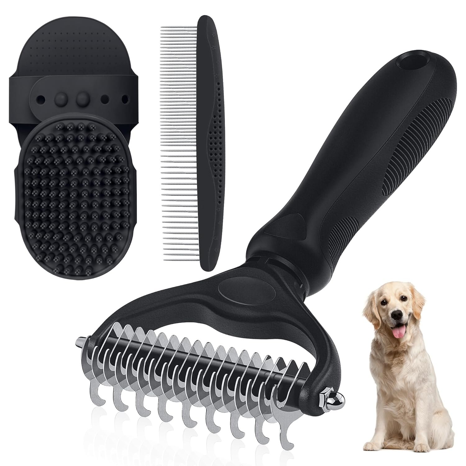 Double-Sided Pet Grooming Rake – 4-in-1 Professional Pet Grooming Kit, Deshedding Dematting Tool for Dogs, Cats, Extra-Wide Grooming Brush & Deshedder Comb for Long and Short Haired Pets(4PCS Black)