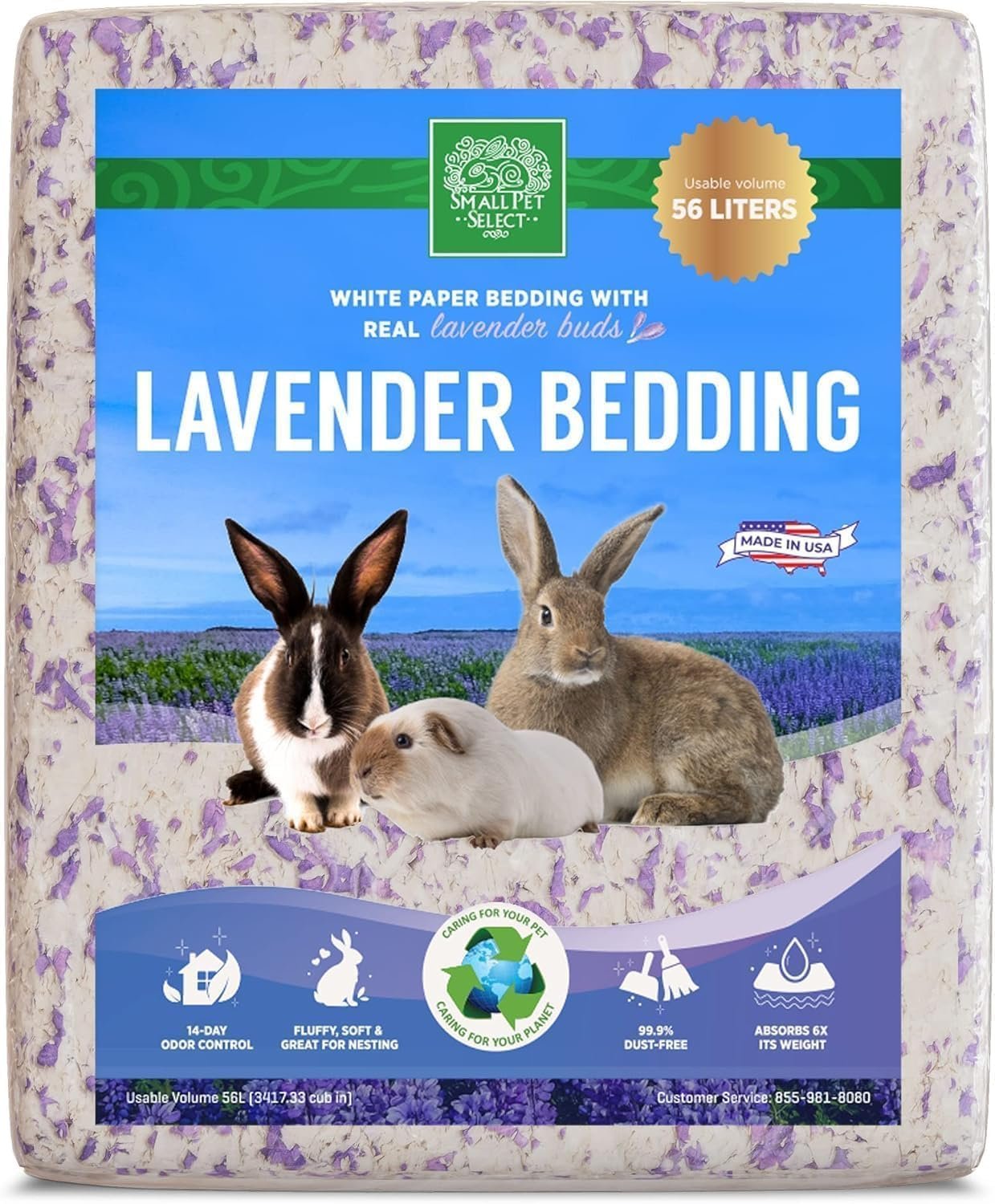 Small Pet Select Lavender Bedding, Paper Bedding with Real Lavender, Soft Animal Bedding with Odor Control for Guinea Pig, Rabbit, Hamster, or Bunny, Cage Accessories, Made in USA, 56L