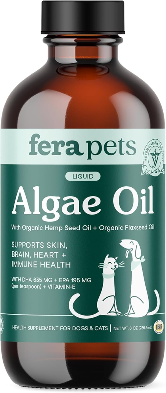 Fera Pets Algae Oil – Cats & Dogs Omega 3 Oil – Vegan – Immune, Heart, Brain, Skin and Coat Support – Includes Vitamin E, Organic Hemp Seed & Flaxseed Oil – 100% Plant Based Omega-3s – 8 oz