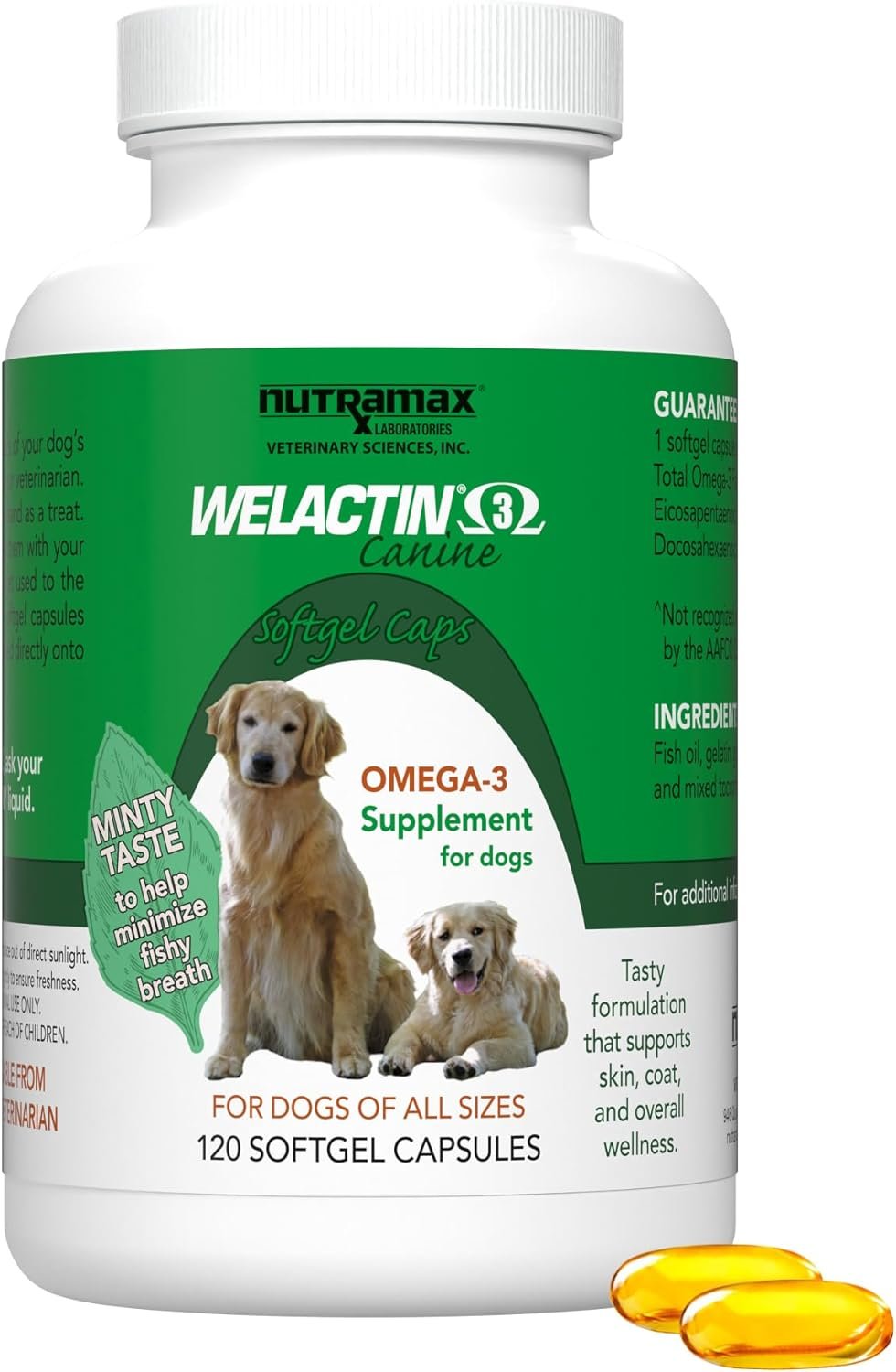 Nutramax Welactin Canine Softgels, Omega 3 Supplement for Dogs, Softgels, 120 Count