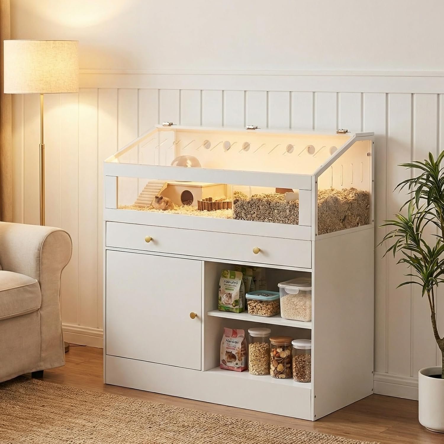 Hamster Cage with Storage Cabinet Small Animal Cage, Easy View Acrylic Panels, Large Habitat for Hamsters, Guinea Pigs, Rabbits, Hedgehogs