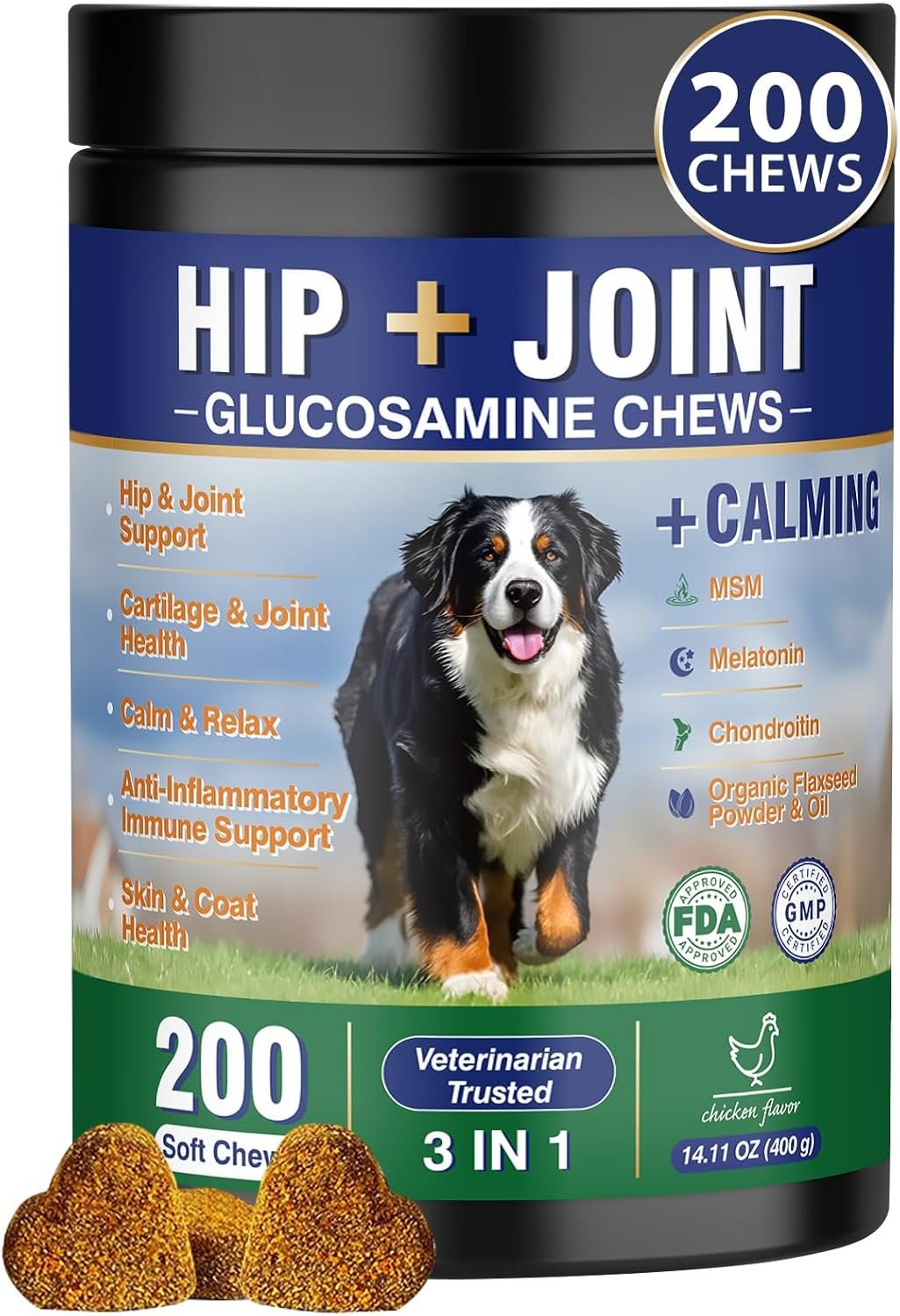 Hip and Joint Supplement for Dogs 200 Dog Calming Chews with Glucosamine, Chondroitin, Msm, Omega3, Melatonin for Senior Dogs Anxiety Pain Relief Anti Inflammatory Small/Medium/Large Dog -Chicken