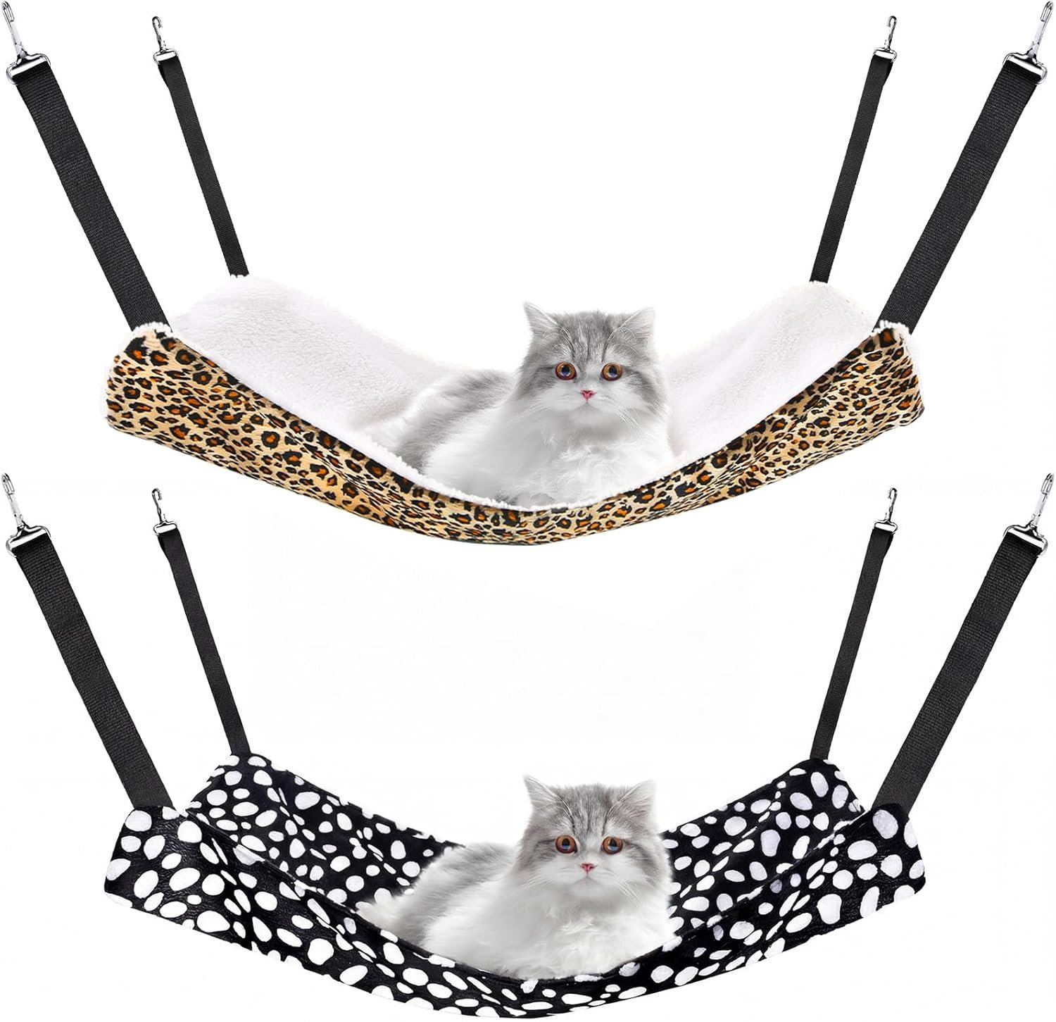 Jetec 2 Pieces Reversible Cat Hanging Hammock Soft Breathable Pet Cage Hammock with Adjustable Straps and Metal Hooks Double Sided Hanging Bed for Small Dogs Rabbits(Leopard and Dot,M)