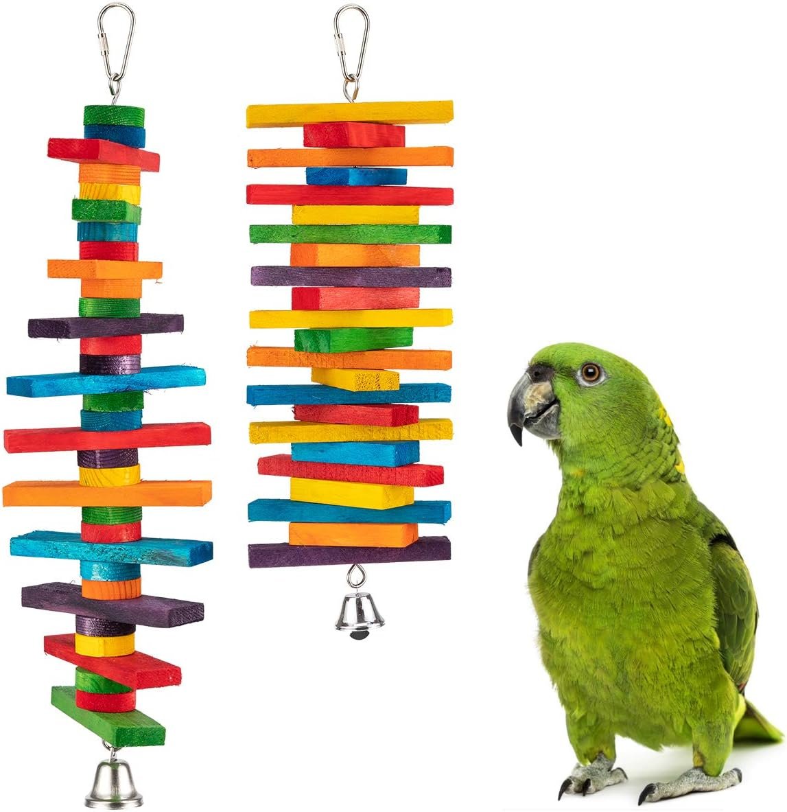 MEWTOGO 2Pcs Bird Toys – Parrot Toys with Multicolored Natural Wooden Blocks, Bird Chewing Sticks Toys for Conures Parakeets Cockatiels Lovebirds African Grey Macaws Amazon Parrots Gift