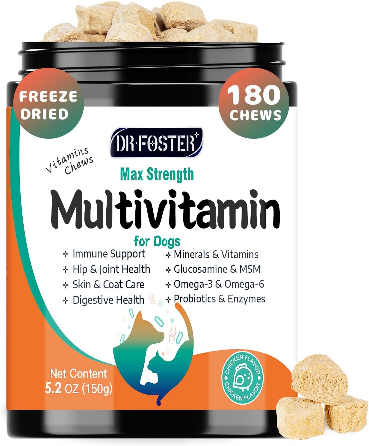 Dog Multivitamin, Dog Vitamins and Supplements, Multivitamin for Dogs with Glucosamine, Probiotics & Omega 3 for Joint, Digestive, Skin, Coat and Immune Health, Chicken Flavor – 180 Bites