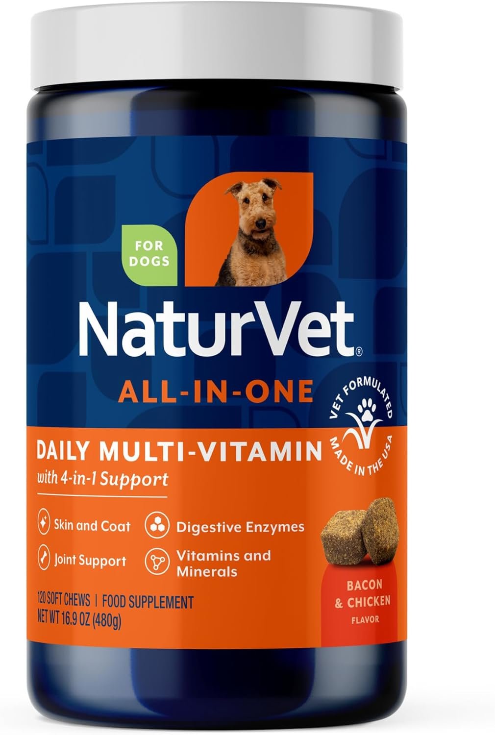 NaturVet All-in-One Dog Supplement – for Joint Support, Digestion, Skin, Coat Care – Dog Multivitamins with Minerals, Omega-3, 6, 9 – Wheat-Free Vitamins for Dogs – 120 Soft Chews