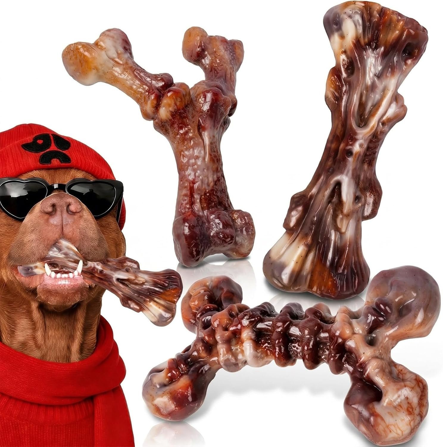 3-Pack Indestructible Dog Toys for Aggressive Chewers, Bacon Flavored Tough Nylon Bones for Medium Large Dogs (25-90 lbs), Heavy Duty Power Chew Toys, Super Big Dog Toys (Brown)